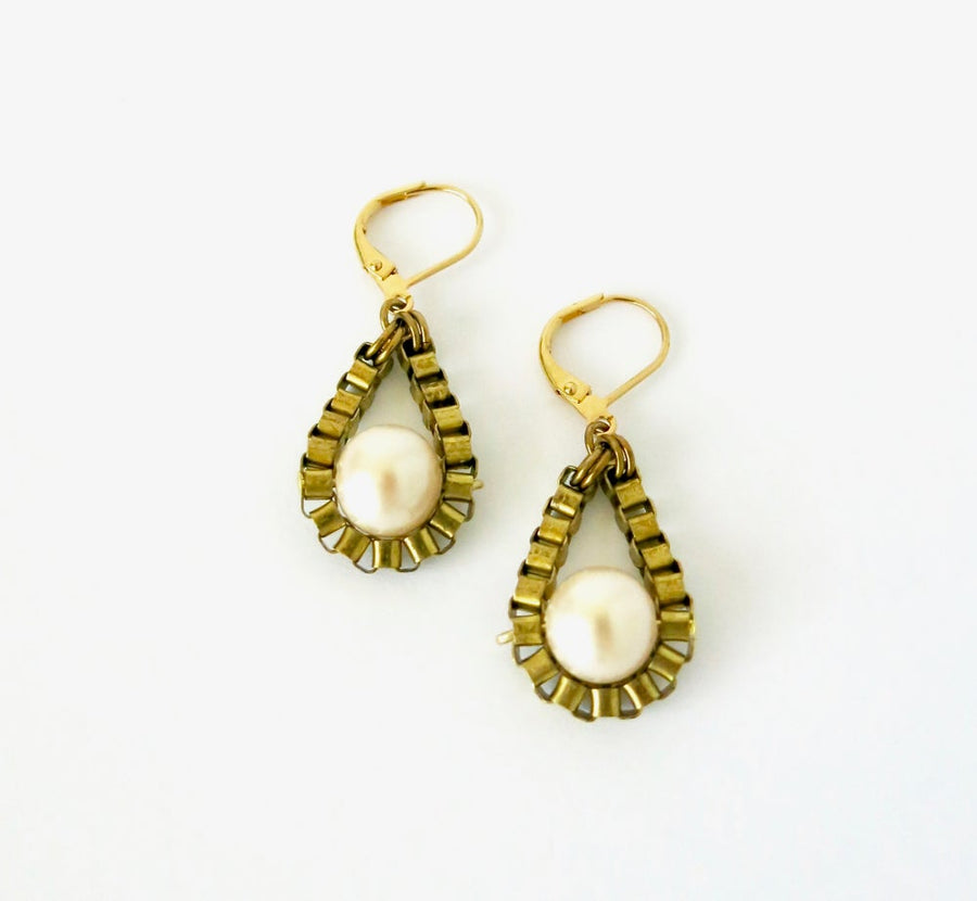 Lustrous Earrings by MoonRox Jewellery & Accessories - vintage glass pearls are bound in a tear drop formation of brass box chain.