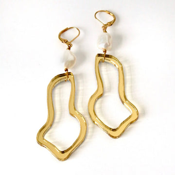 Mirage Earrings by MoonRox Jewellery & Accessories - Mirrored organic forms are hand wired to irregular shaped luminescent freshwater pearls. Mirrored components are made of laser cut plexiglass thereby keeping these light weight.