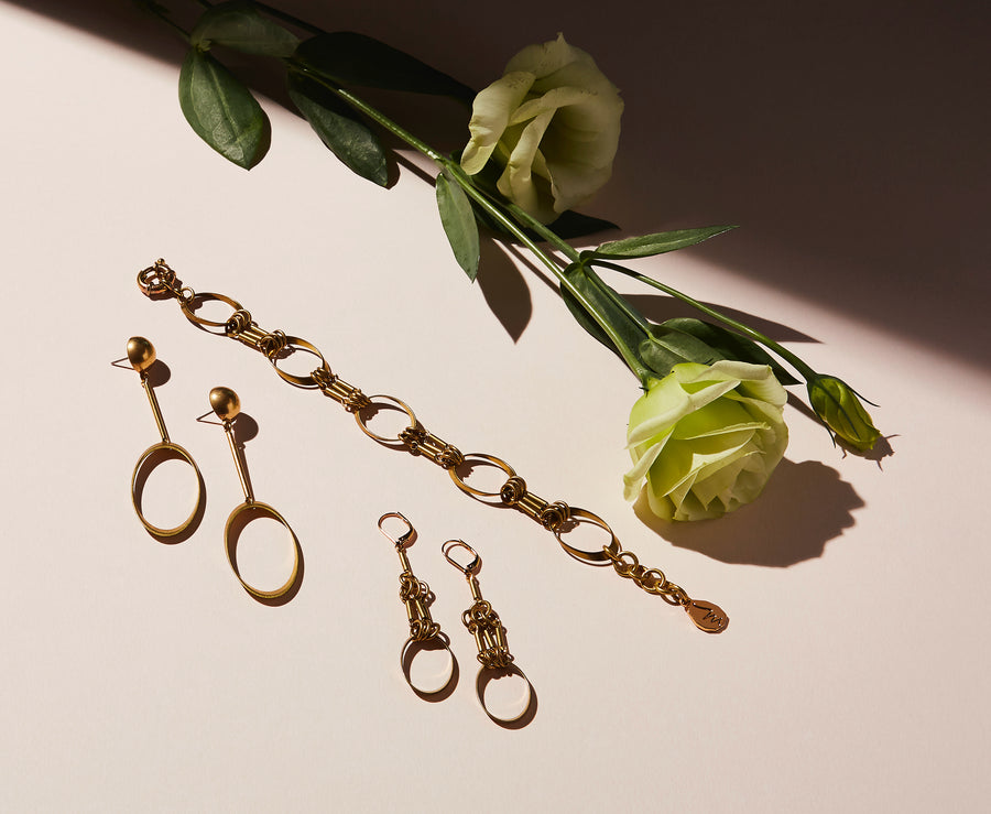 Muse Bracelet by MoonRox Jewellery & Jewellery is a brass bracelet with a mix of oval shapes and linear details. Shown in the Lookbook with the Muse Earrings and Muse Stud Earrings.