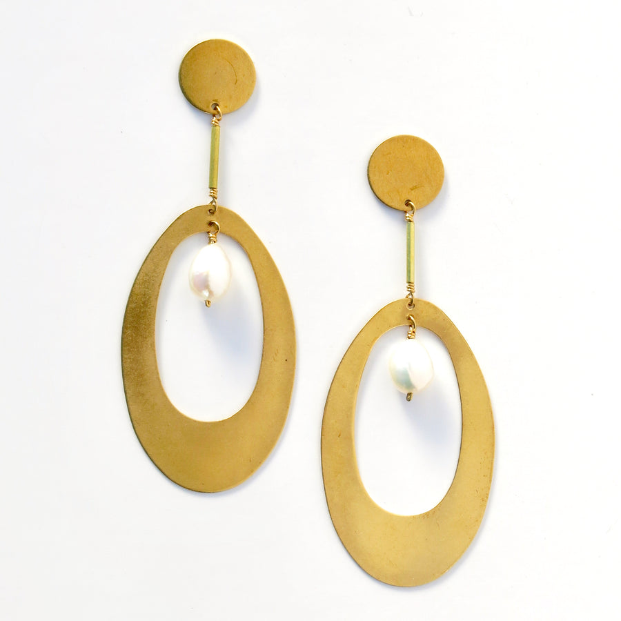 Noble Stud Earrings by MoonRox feature bold brass forms and freshwater pearls