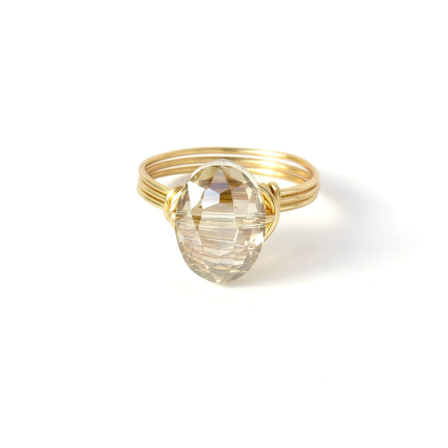 Oval Crystal Bauble Ring by MoonRox is a hand formed wire ring with sparkling crystal bead. Shown in Golden colour.