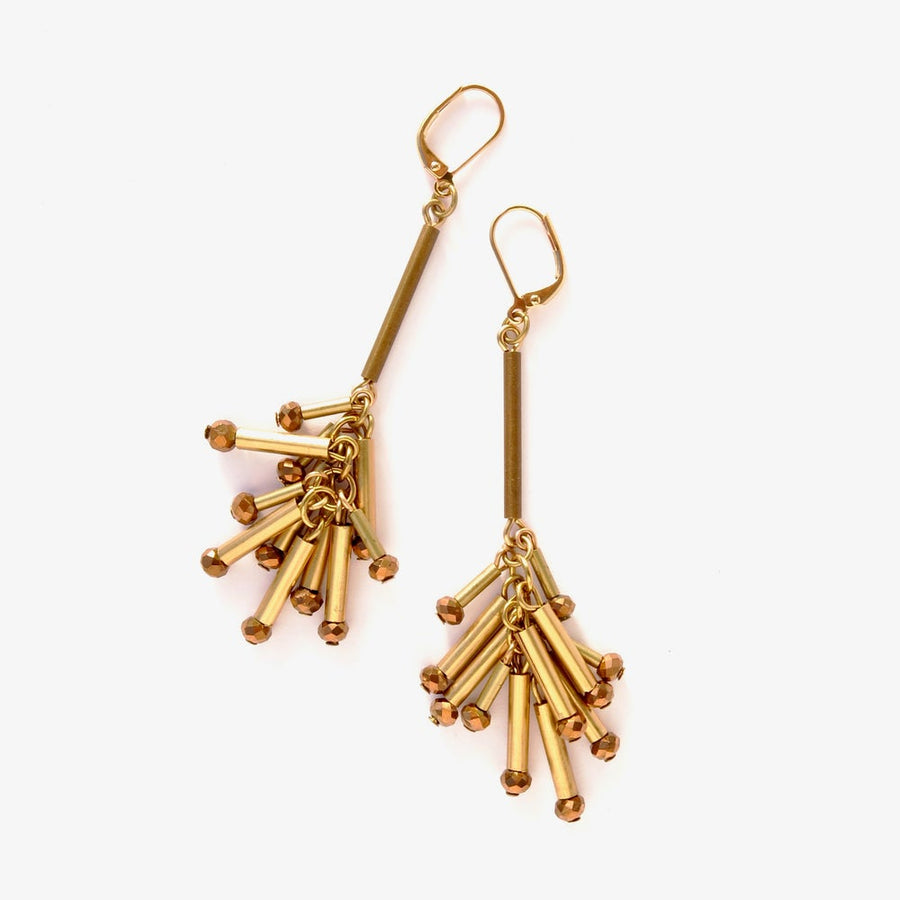 Pataka Earrings by MoonRox Jewellery & Accessories showcase sparkling crystal bead and brass tubular sparks. Made in Canada.