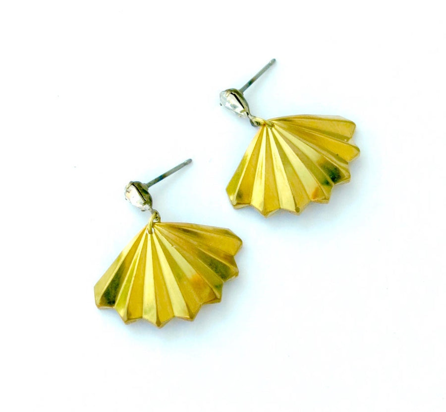 MoonRox Pleated Stud Earrings - Fan shaped brass charm with pleated pattern is hung below rhinestone crystal stud earrings.
