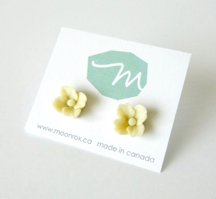 These MoonRox bestsellers are pretty ivory coloured celluloid stud earrings.