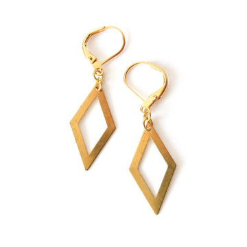 Quadra Earrings by MoonRox Jewellery & Accessories are simple and lightweight brass diamond shaped charms hanging from lever back ear wires.