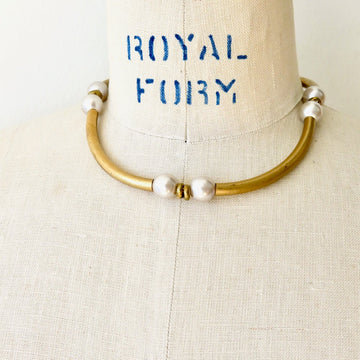 Renewal Collar from MoonRox Jewellery & Accessories - vintage pale grey glass pearls with tubular brass pieces.
