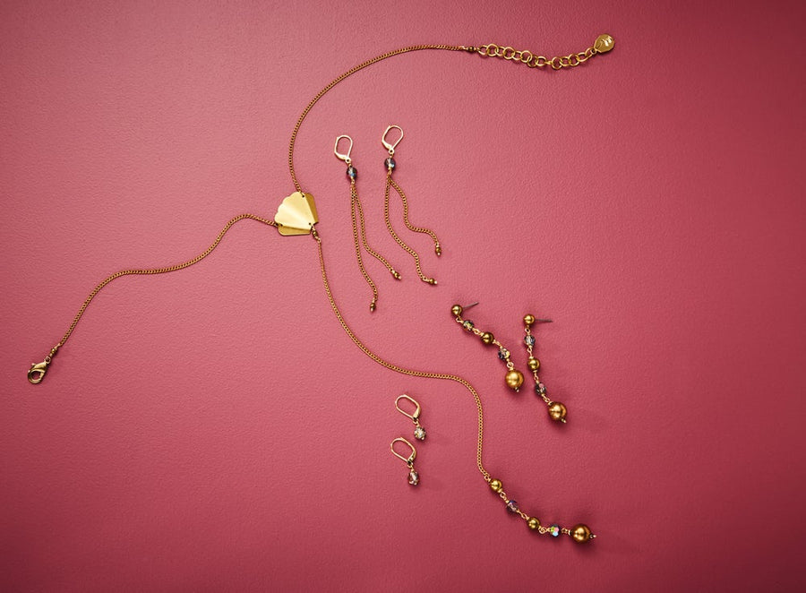 Resplendent Necklace, Auroral Earrings, Auroral Fringe Earrings, Auroral Drop Stud Earrings by MoonRox Jewellery & Accessories - swarovski crystal and brass bead jewellery set made in Toronto, Canada