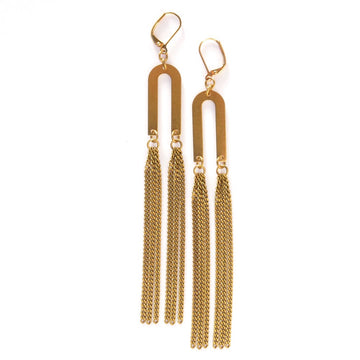 Rising Earrings by MoonRox are long shoulder dusters with a curved U shaped brass charm with long chain fringe.