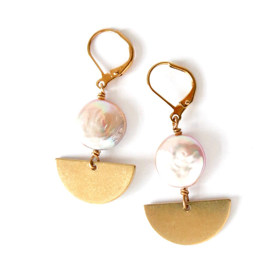 Sail Away With Me Earrings by MoonRox Jewellery & Accessories are dangly earrings with coin shaped freshwater pearls combined with graphic brass semi-circles.