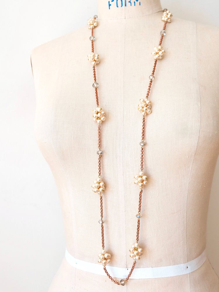 Sanibel Belle Necklace by MoonRox Jewellery & Accessories with clusters of glass pearl beads mixed with silver tone crystals along an extra long chain necklace