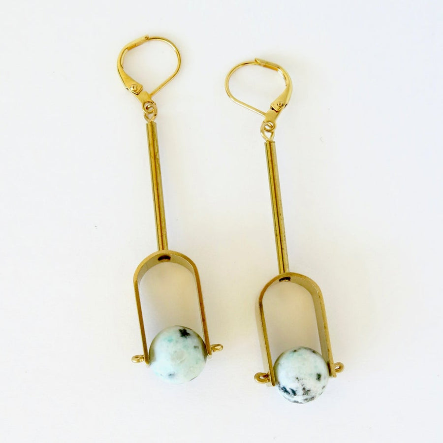 Serenity Earrings by MoonRox Jewellery & Accessories - Modern brass earrings with semi-precious stone details. Choose from seven different stone options. Colour shown is Sesame Jasper.