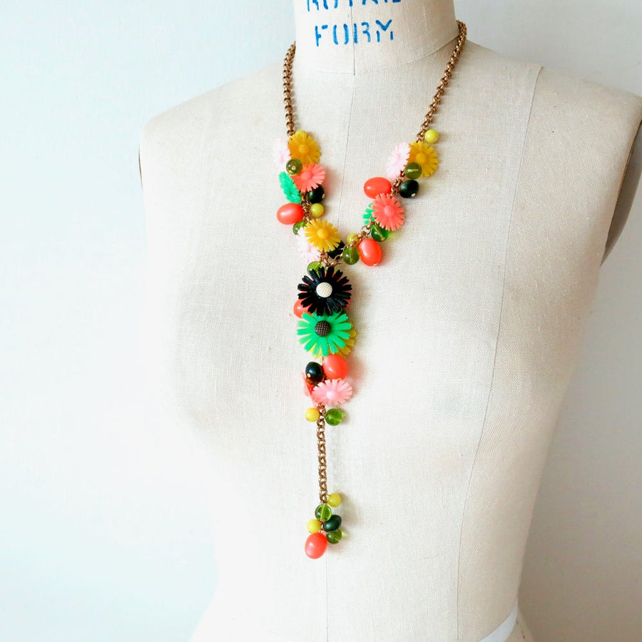 Sicilian Bouquet Necklace by MoonRox is a Y-style chain lariat with vintage flowers and lucite beads.