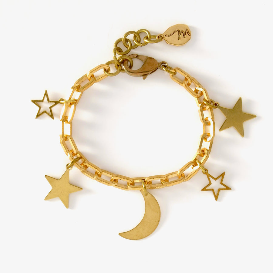 Starry Night Bracelet is a charm bracelet with a crescent moon and 4 stars. 