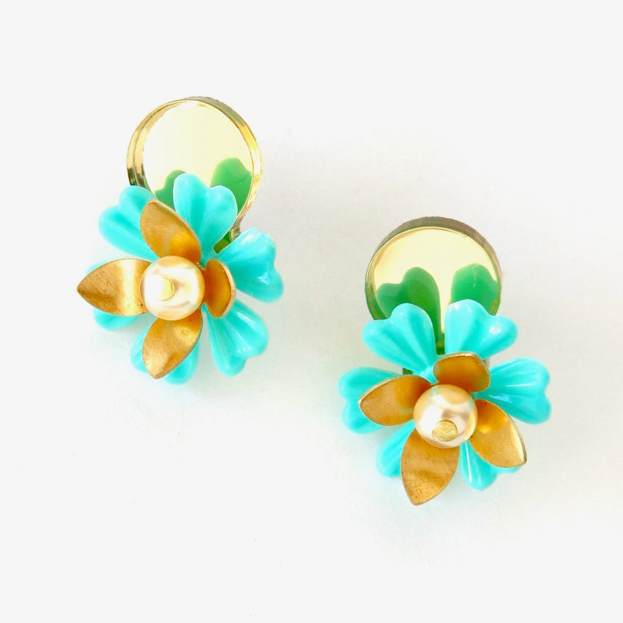 Super Bloom Stud Earrings by MoonRox - These earrings combine vintage 1960's flowers with brass, glass pearl and are set against mirrors.