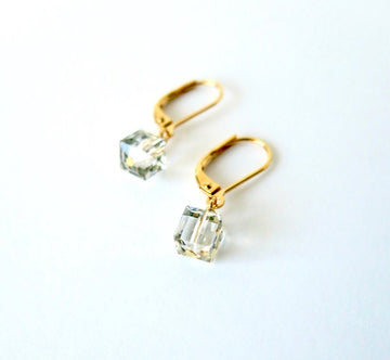 Swarvovski Cube Earrings have shiny crystal cubes hand wired to lever-back ear wires. 