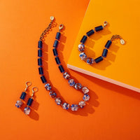 Terrazzo Earrings, Necklace and Bracelet with speckled vintage acrylic beads that are reminiscent of terrazzo flooring are hand wired to translucent cobalt blue beads.