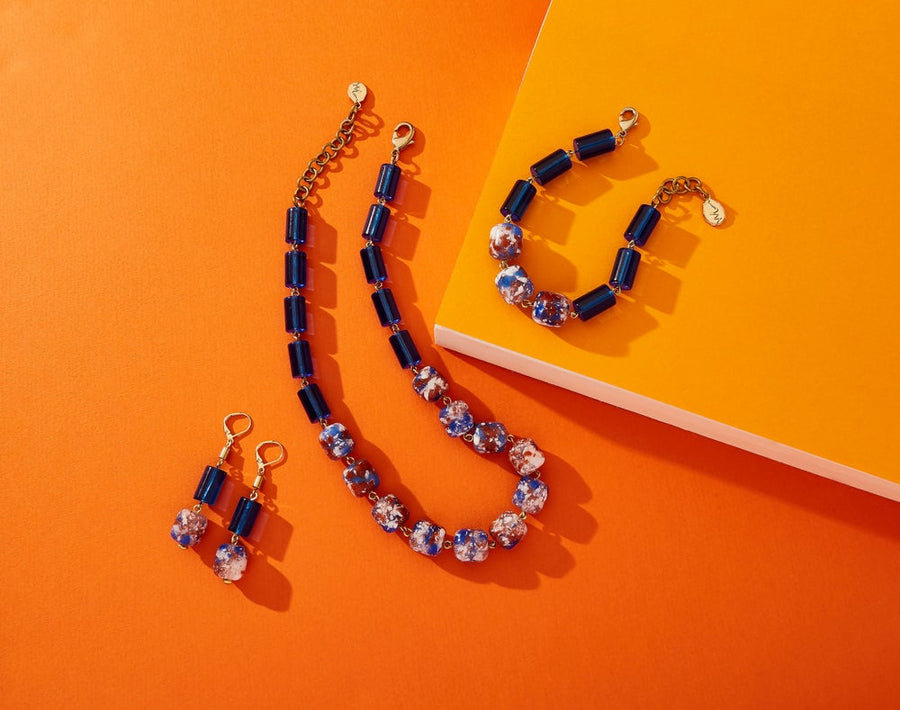 Terrazzo Earrings, Necklace and Bracelet with speckled vintage acrylic beads that are reminiscent of terrazzo flooring are hand wired to translucent cobalt blue beads.