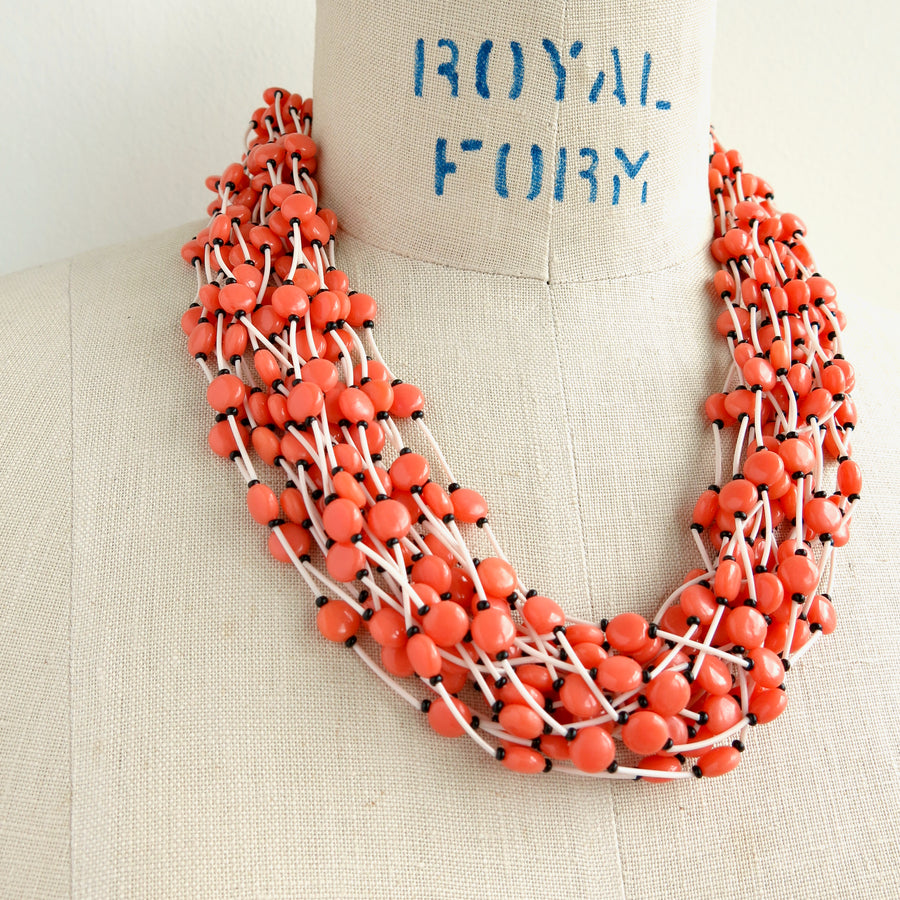Colourful vintage Tropical Necklace in Coral. This statement necklace is lightweight with big impact.