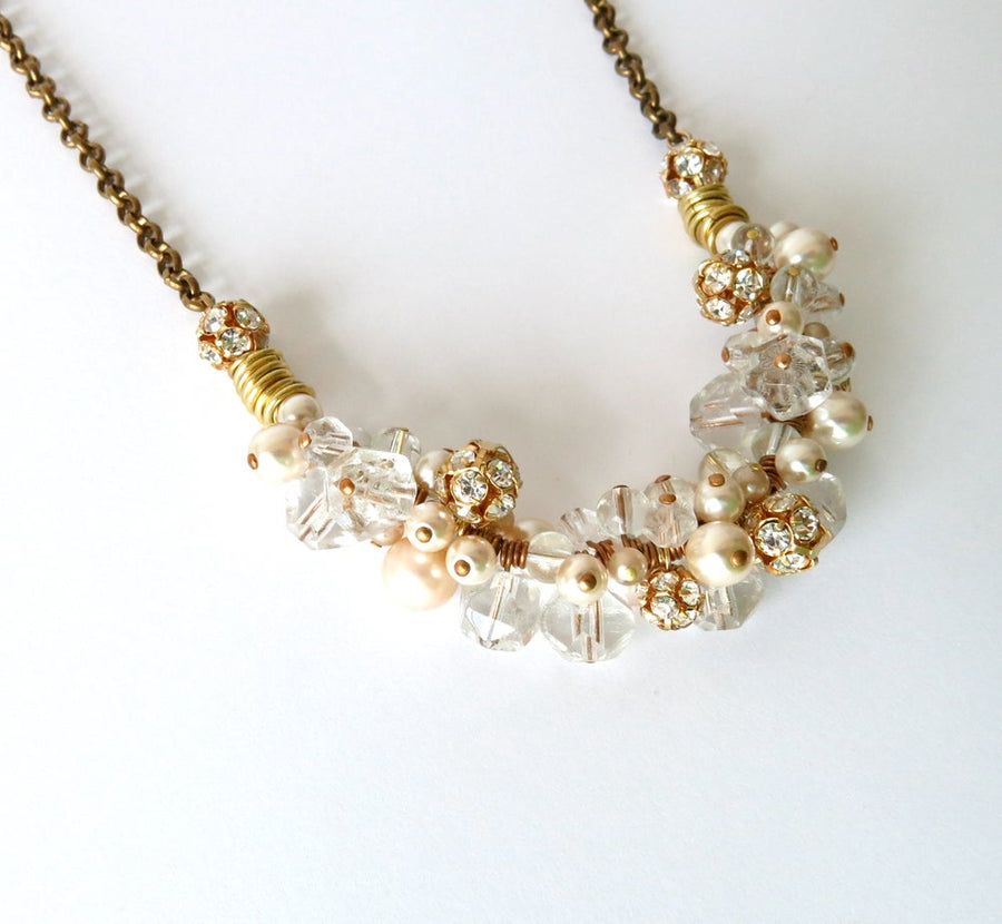 Twinkle Glimmer Necklace by MoonRox Jewellery & Accessories - elegant necklace with clustered pearls, crystal beads at centre. Close up on vintage crystals, imitation pearls and crystal rhinestone balls. Made in Toronto, Canada.