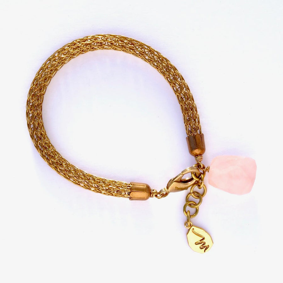 Zenith Bracelet by MoonRox Jewellery & Accessories - Elegant mesh bracelet made in knitted brass wire with large rose quartz stone charm.