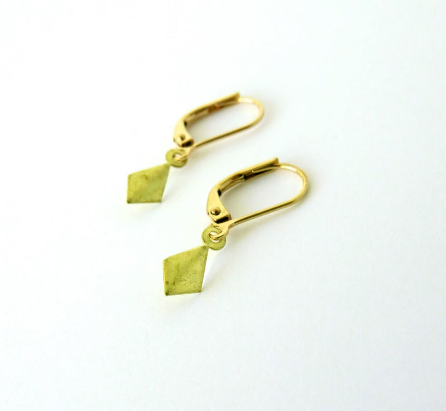 Teeny Rhombus Earrings by MoonRox Jewellery & Accessories - Small brass geometric charms with lever back ear wires.
